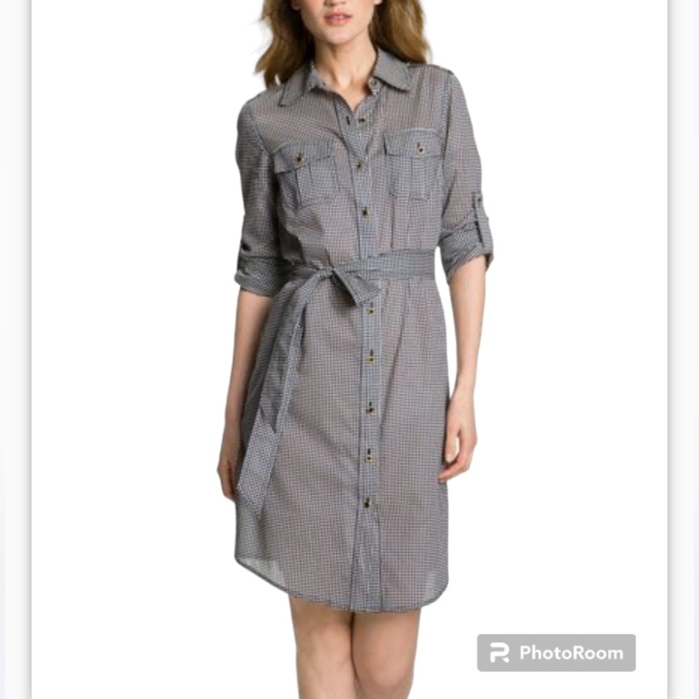 Tory Burch Polka Dot 💯 Cotton Waist Belt Bottom Up Long Sleeve Mid Dress Size 4